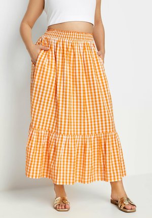 Oranje-witte geruite maxi-jurk met elastische tailleband, tiered ruffle zoom en zakken. Glad katoen stof.