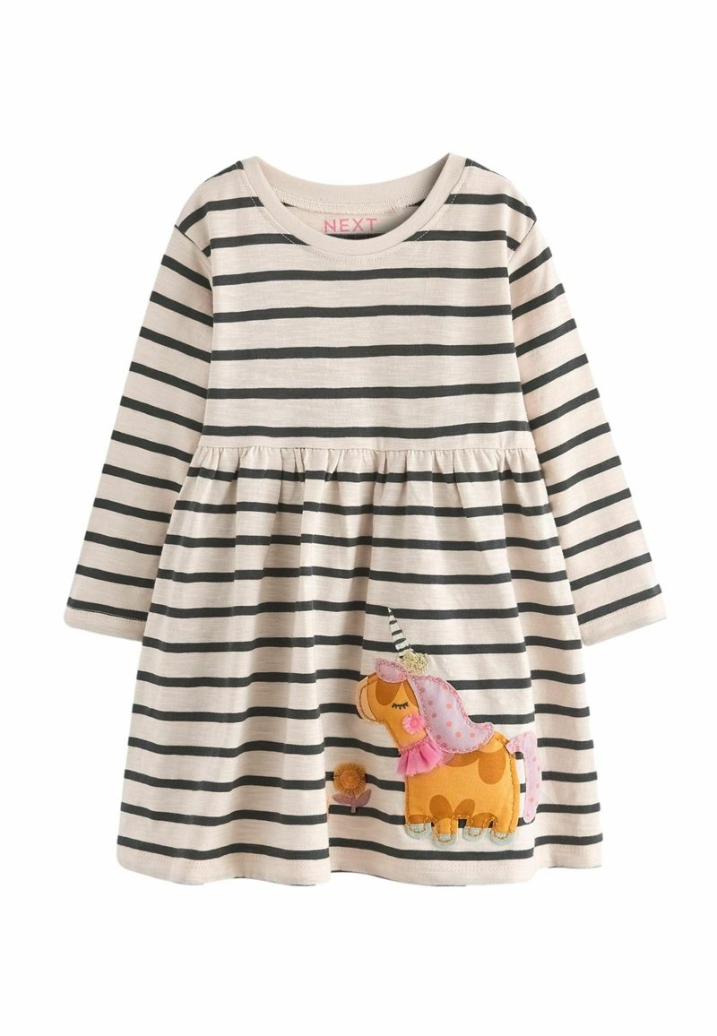 Robe à manches longues avec des rayures horizontales beige et gris foncé. Ornée d'une application de licorne orange et rose à l'ourlet. Matière en coton doux.
