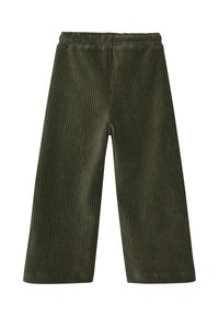 Donkergroene corduroy broek met brede pijpen, voorzien van verticale ribbels, een elastische tailleband en een zachte, gestructureerde oppervlakte.