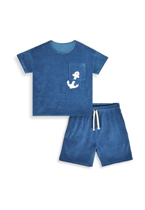 Niebieska koszula z frotté z krótkim rękawem, z kieszenią z przodu i białym nadrukiem kotwicy, w komplecie z pasującymi krótkimi spodniami z elastyczną talią i sznurkiem.