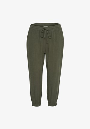 Alyvuogių žalios, lengvos sportinės kelnės su elastinga juosta ir reguliuojamu raiščiu, siaurėjančiomis kojomis ir surinktais rankogaliais.