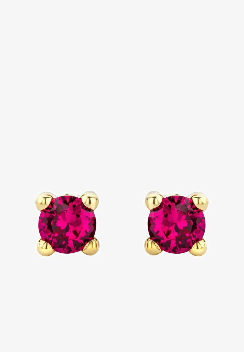 Zlato-tonirane uhane s studom, ki vsebujejo okrogle, fasetirane temnorozne kamne, pritrjene s štirimi zatiči, polirani zaključek, minimalistična zasnova.