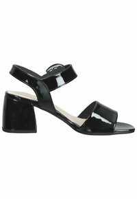 Les sandales en cuir verni noir présentent un dos fermé, un bout ouvert et un talon épais. Le design comprend deux brides avec une fermeture à boucle.