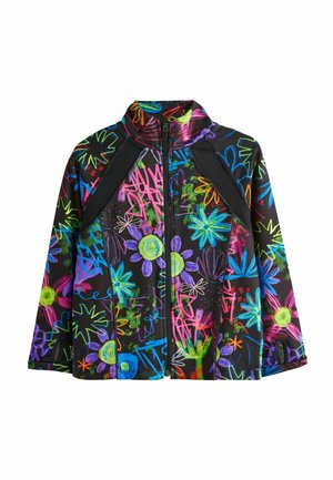 Veste noire avec motifs floraux néon colorés et graffitis abstraits, fermeture éclair à l'avant, col montant et sangles de poignet réglables.