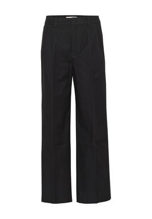 Black wide-leg trousers made of cotton, featuring a tailored design with front pleats and concealed hook closure. Clean, smooth texture.