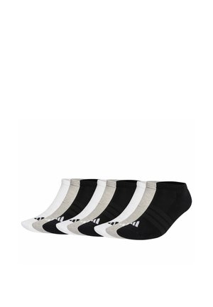 Ensemble de neuf socquettes basses aux chevilles en noir, blanc et gris, disposées en couleurs alternées sur un fond blanc.