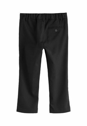 Zwarte broek met een elastische tailleband, rechte pijpen en een achterkant met een zak met knoopdetail. Soepele, stevige stofstructuur.