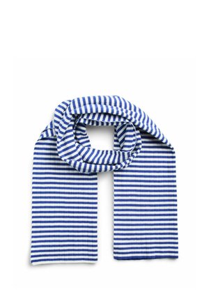 Écharpe tricotée rayée bleu et blanc, pliée avec une boucle au centre sur un fond blanc.