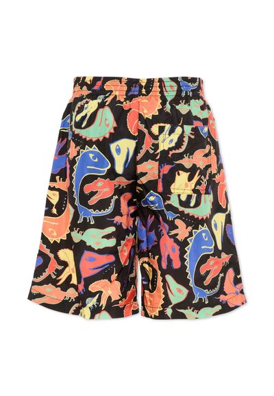 Pantaloncini neri da bambino con stampe colorate di dinosauri in blu, rosso, giallo e verde, caratterizzati da una fascia elastica in vita e una tasca posteriore.