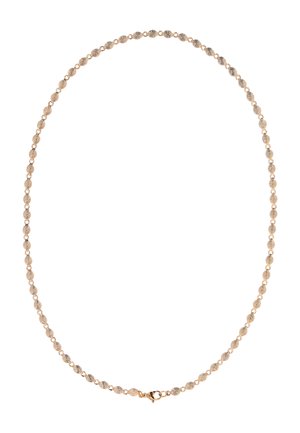 Złoty naszyjnik łańcuszkowy z owalnymi, teksturowanymi ogniwami i zapięciem typu karabińczyk, prezentowany na płasko na białym tle.