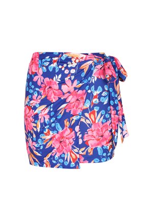 Niebieska spódnica kopertowa z różowo-pomarańczowym kwiatowym nadrukiem, związana kokardą po prawej stronie.