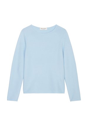 Light blue long-sleeve sweater with a round neckline, made of soft fabric. Features a simple, clean design with a slightly relaxed fit.