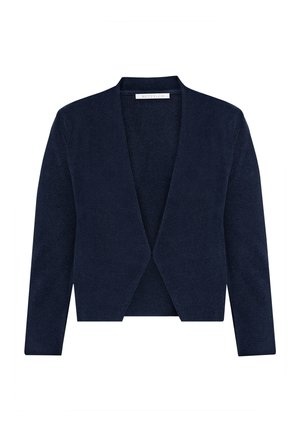 Navy blue open-front cardigan with long sleeves, textured fabric, and a cropped fit.