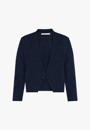 Navy blue open-front cardigan with long sleeves, textured fabric, and a cropped fit.