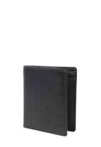 Zwarte leren portemonnee met een gestructureerde afwerking, voorzien van een bi-fold ontwerp en zichtbare stiksels. Inclusief een gedebosseerd merkembleem aan de voorkant.
