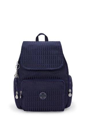 Navy blue backpack features a textured design, zippered front pocket, clasp hardware, and top handle for carrying. Compact and practical shape.