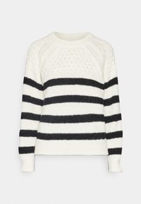 Suéter de punto con un clásico patrón de rayas blancas y negras, cuello redondo, puños acanalados y un diseño de punto texturizado.