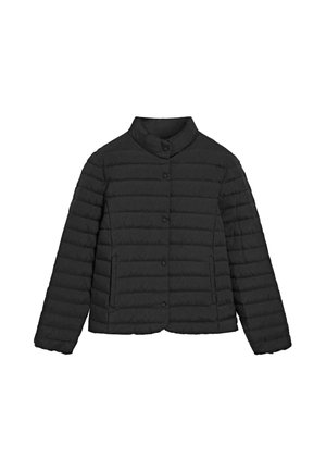 Zwarte gewatteerde donsjas met een afgeronde kraag, knoopsluiting aan de voorkant en twee zijzakken. Heeft horizontale stiksels en een cropped lengte.