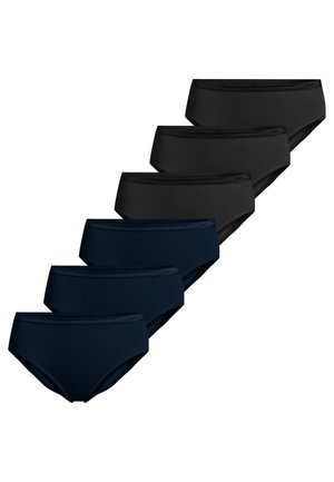 Set aus sechs Damen-Baumwollslips in Schwarz und Dunkelblau, angeordnet in zwei versetzten Reihen auf weißem Hintergrund.