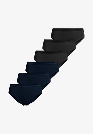 Sæt med seks dametrusser i bomuld i sort og mørk marineblå, arrangeret i to forskudte rækker på en hvid baggrund.