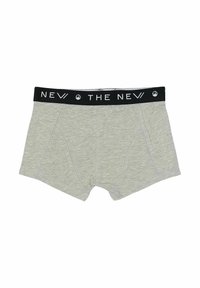 Un boxer en tissu gris clair avec une ceinture noire ornée de texte blanc. Conçu pour un ajustement près du corps et doté d'un devant ouvert standard.