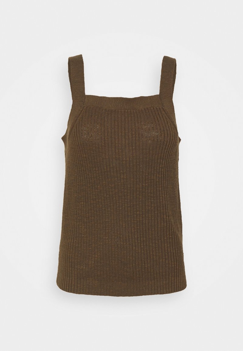 Brun ribbad linne med fyrkantig halsringning, breda axelband och en figurnära design. Materialet verkar mjukt med en texturerad, vävd yta.