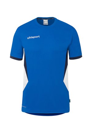 Blauw sportshirt met korte mouwen en witte en donkerblauwe zijpanelen, ronde hals en "uhlsport"-logo op de borst.