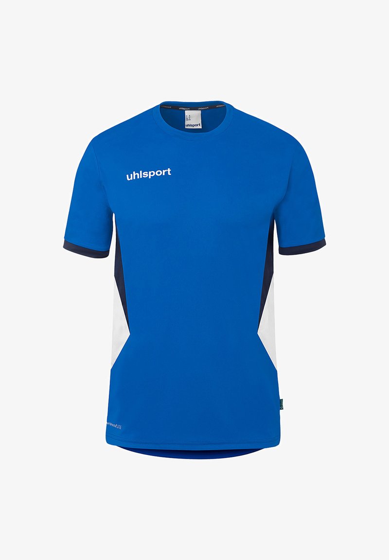 T-shirt de sport bleu à manches courtes avec des panneaux latéraux blancs et bleu foncé, col rond et logo "uhlsport" sur la poitrine.