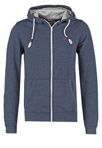 Mörkblå zip-up hoodie med grå innerhuva, vita dragsnören, framfickor och en liten logotyp på vänster bröst.