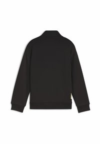 Maglione nero a maniche lunghe con polsini e orlo a coste e colletto alto, visto da dietro su uno sfondo bianco.