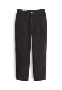 Pantalon noir à jambes droites avec poches plaquées à l'avant, passants pour ceinture et fermeture par bouton à la taille.