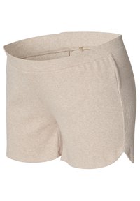 Beige Rippstrickstoff-Shorts mit elastischem Bund und Seitentaschen, mit einem kleinen seitlichen Schlitz an jedem Bein.