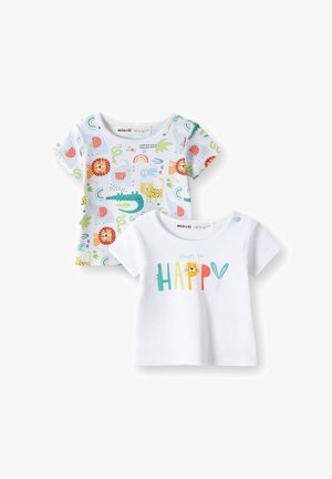 Dve majici s kratkimi rokavi: ena z barvitim živalskim potiskom, druga bela z napisom "vedno bodi SREČEN" v svetlih črkah. Obe iz mehke bombažne tkanine.