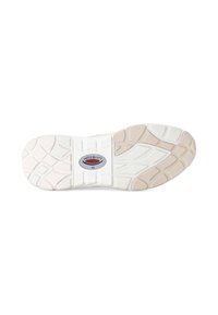 Witte sportschoen zool met gestructureerde grip in lichtbeige en wit, met een gebogen design en een centraal logo detail.