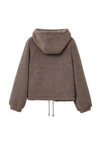 Giacca corta con cappuccio in finta pelliccia color taupe, caratterizzata da un'esterno testurizzato, maniche ampie e lacci regolabili all'orlo.