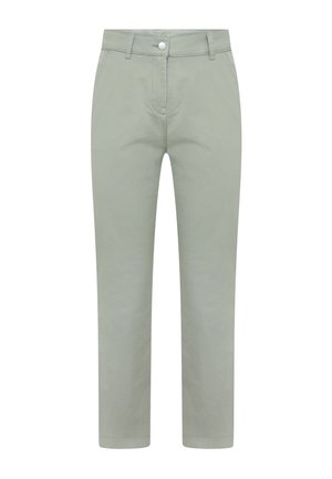 Pantalon gris clair à jambes droites avec passants pour ceinture, bouton sur le devant, fermeture éclair et poches latérales, présenté sur fond blanc.