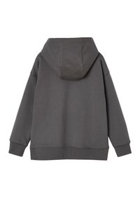 Grauer Kapuzenpullover mit lockerer Passform, gerippten Bündchen und Saum. Weicher Stoff mit glatter Textur, der ein auffälliges Kapuzen-Detail aufweist.