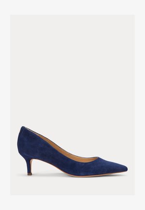 Navy blue suede pointed-toe pump with a low kitten heel and tan inner lining on a white background.