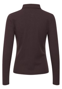 Ribbed, long-sleeve top in dark brown with a collar. Smooth texture and fitted design, featuring a subtle seam detail along the back.