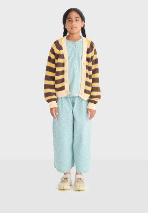 Dievča s pletenými vlasmi oblečené v modrom vzorovanom outfite na zapínanie na gombíky, žltom a hnedom pruhovanom kardigáne a béžových topánkach, stojace na jednoduchom pozadí.