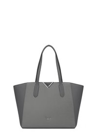 Graue Tote-Tasche mit strukturiertem Design, ausgestattet mit einer glatten, texturierten Vorderseite, kantiger Form, doppelten Griffen und einem silbernen Akzent an der Oberseite.