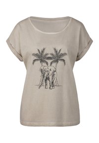 T-shirt beige à manches courtes avec une illustration en contour noir de deux éléphants entre des palmiers. Tissu doux et léger avec une coupe décontractée.