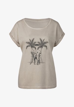 Beige T-shirt met korte mouwen, voorzien van een zwartomlijnde illustratie van twee olifanten tussen palmbomen. Zacht, lichtgewicht materiaal met een ontspannen pasvorm.