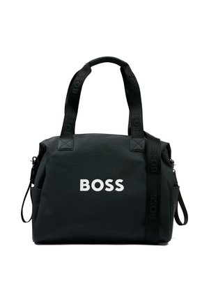 Sac de voyage BOSS rectangulaire noir avec deux poignées et une bandoulière ajustable, logo blanc centré sur le devant.