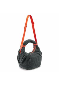 Borsa di tessuto grigio scuro con una superficie testurizzata, design a torciglione e tracolla arancione regolabile. Presenta una chiusura con zip sul lato.
