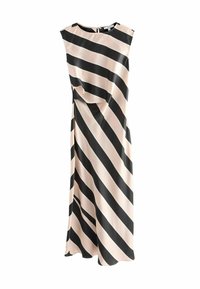 Helles rosa ärmelloses Kleid mit schwarzen diagonal verlaufenden Streifen, das ein gedrehtes Detail an der Taille aufweist und aus glattem Satinmaterial gefertigt ist.