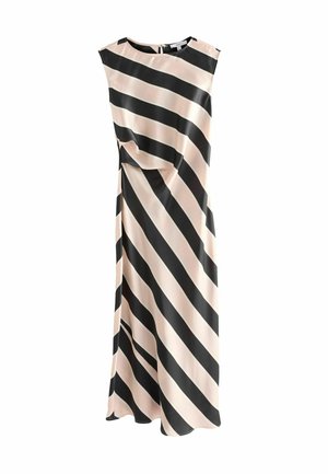 Helles rosa ärmelloses Kleid mit schwarzen diagonal verlaufenden Streifen, das ein gedrehtes Detail an der Taille aufweist und aus glattem Satinmaterial gefertigt ist.
