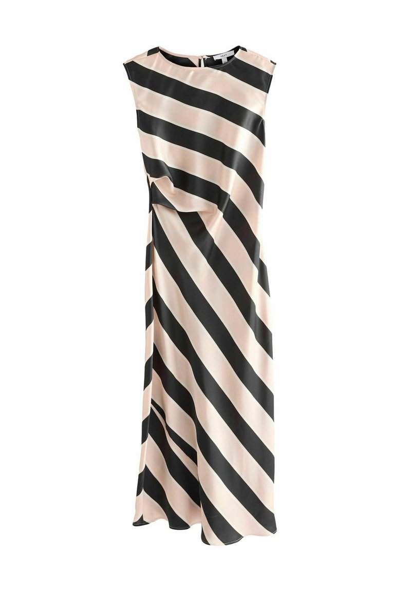 Helles rosa ärmelloses Kleid mit schwarzen diagonal verlaufenden Streifen, das ein gedrehtes Detail an der Taille aufweist und aus glattem Satinmaterial gefertigt ist.