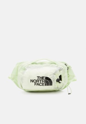 Riñonera verde claro con un bolsillo frontal asegurado con un cordón y el logo negro de "The North Face" en el frente.