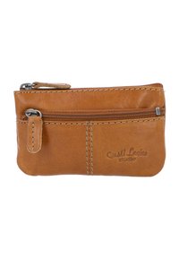 Brun læder pengebelægning med lynlås og tekstureret overflade, synlige syninger og en lille flap. Har prægede branding på den ene side.